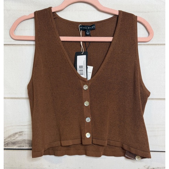 Miou Muse Sweaters - Miou Muse Sweet Peach Knit Vest Cocoa Brown Button Front Cropped Top L T2797ST